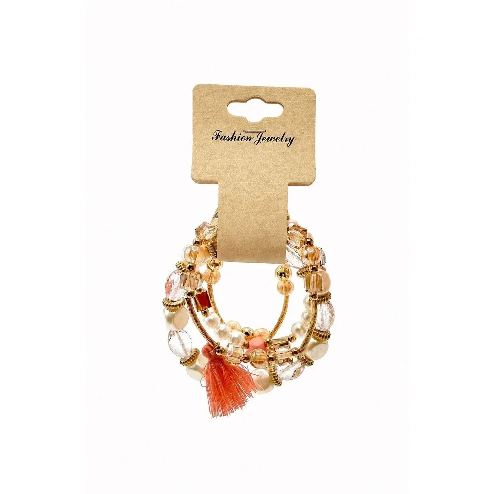 Pink Gold Boho Layered Bracelet Set Faux Pearl Floral Crystal Tassel NEW